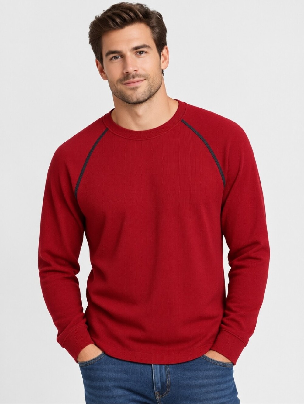 DKNY Merino Wool Burgundy Ribbed Crewneck Sweater Genuine Brown Leather Trim